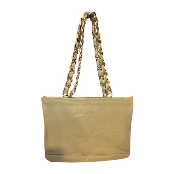 Chanel CC Leather Tote Bag Beige with Gold Chain FREE COA
